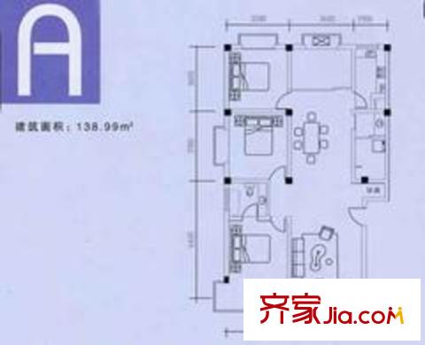 普天居賢院戶型圖A型 3室2廳1衛(wèi)1廚