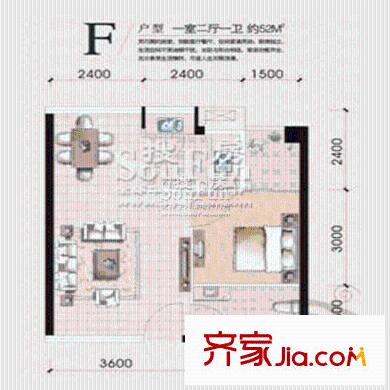 中南路88號一期3#樓標(biāo)準(zhǔn)層F戶型 1室2廳1衛(wèi)1廚
