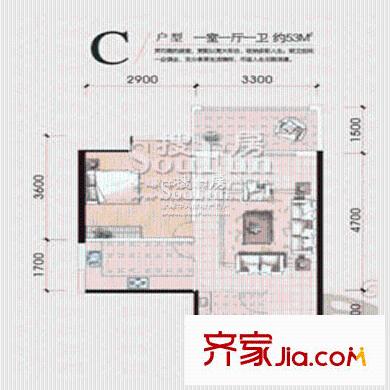 中南路88號一期3#樓標(biāo)準(zhǔn)層C戶型 1室1廳1衛(wèi)1廚