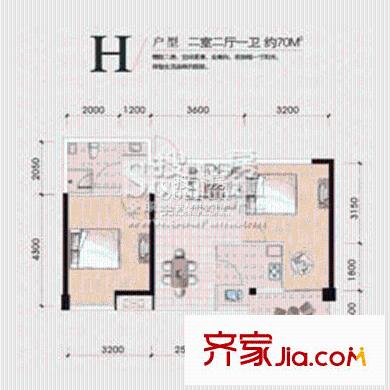 中南路88號一期3#樓標(biāo)準(zhǔn)層H戶型 2室2廳1衛(wèi)1廚