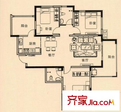 匯龍花園戶型圖3室2廳 3室2廳