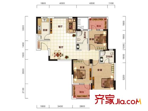 星悅城黃金時(shí)代2、5、7、8號樓3D戶型 3室2廳2衛(wèi)1廚