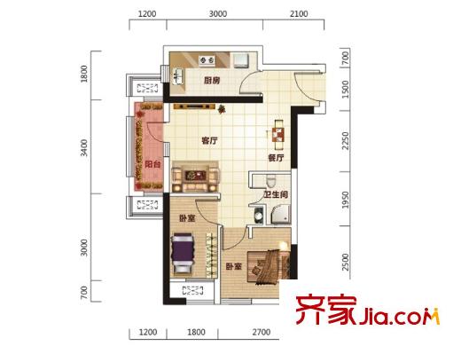 星悅城黃金時(shí)代1號樓1B戶型(已售罄) 2室2廳1衛(wèi)1廚