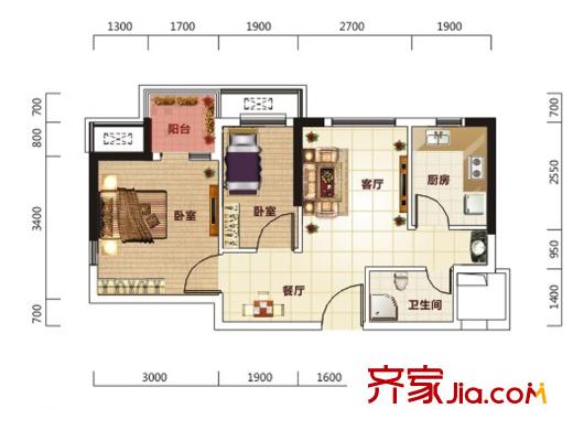 星悅城黃金時(shí)代1號樓1A戶型(已售罄) 2室2廳1衛(wèi)1廚