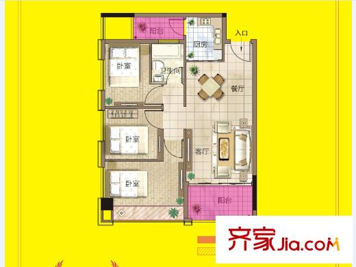 海聯(lián)時代廣場1號樓H戶型 3室2廳1衛(wèi)1廚