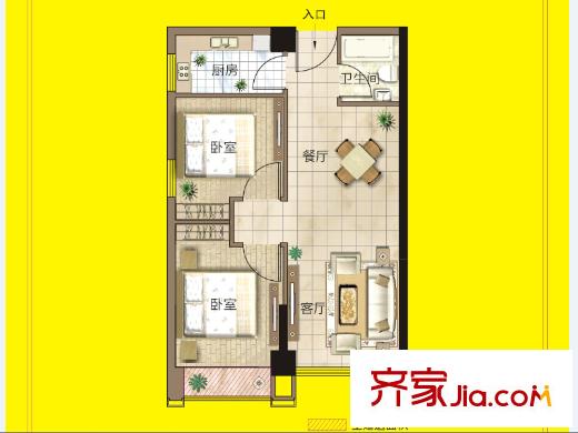 海聯(lián)時代廣場1號樓E戶型 2室2廳1衛(wèi)1廚
