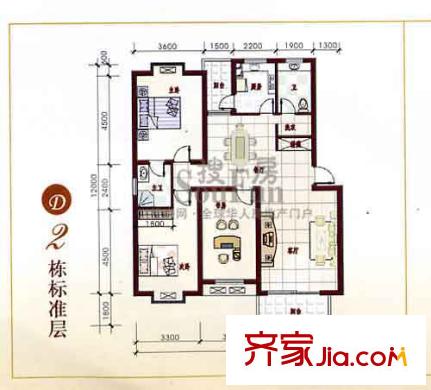 水岸畢家索戶型圖2棟標準層 3室2廳2衛(wèi)1廚