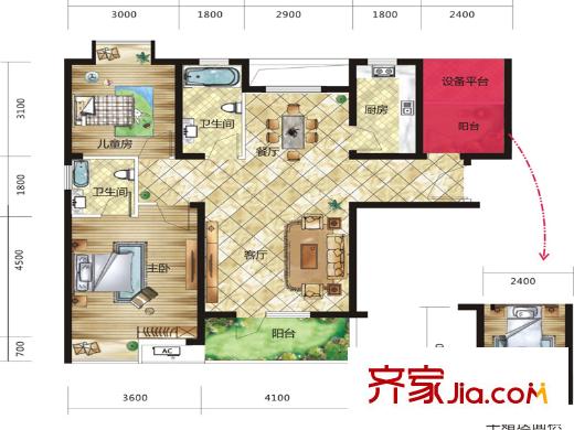 現(xiàn)代城平方米庭1棟A1戶型 3室2廳2衛(wèi)1廚