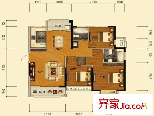 臥龍麗景灣三期1J戶型 3室2廳2衛(wèi)1廚
