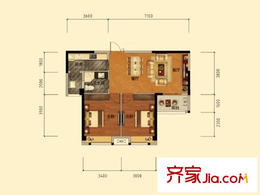 臥龍麗景灣三期2號(hào)樓2B戶型 2室2廳1衛(wèi)1廚
