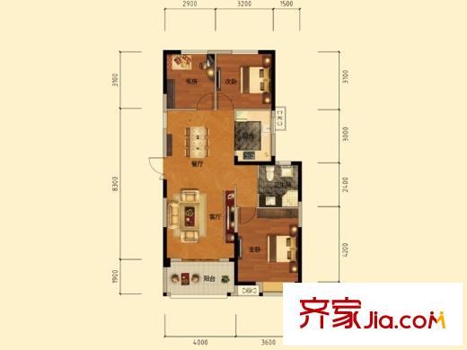 臥龍麗景灣三期2號(hào)樓2C戶型 3室2廳1衛(wèi)1廚