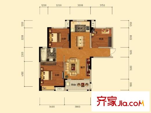 臥龍麗景灣三期2號(hào)樓2D戶型 3室2廳1衛(wèi)1廚