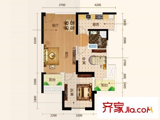 觀瀾國際14、15號(hào)樓A3戶型 2室2廳1衛(wèi)1廚