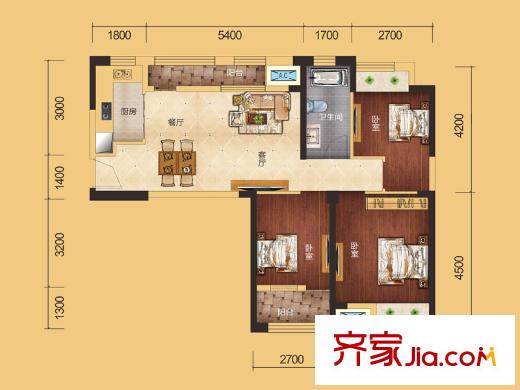 觀瀾國際10號(hào)樓B1戶型 3室2廳1衛(wèi)1廚