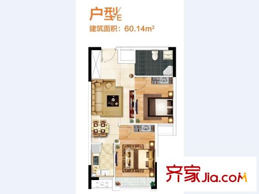 奧特萊斯V公寓B12棟和B13A棟E戶型60平 2室2廳1衛(wèi)1廚