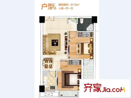 奧特萊斯V公寓B12棟和B11A棟G戶型61平 2室2廳1衛(wèi)1廚