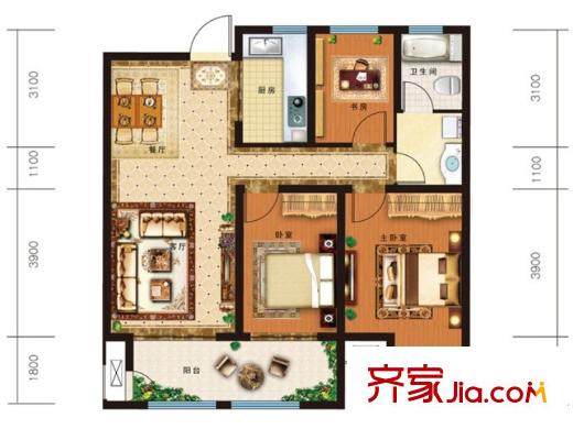 迎澳花園戶型圖戶型圖 3室2廳1衛(wèi)1廚