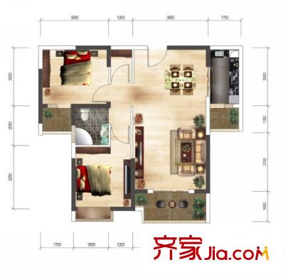 光谷自由城5、6、8、9、10號樓E戶型 2室2廳1衛(wèi)1廚