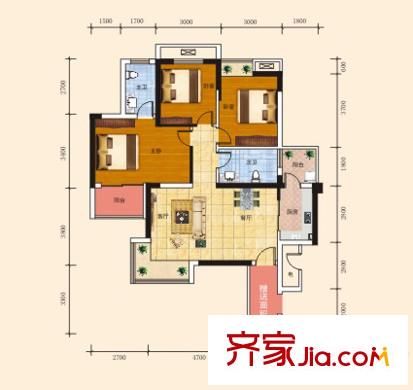長江楚韻1號樓A戶型 3室2廳2衛(wèi)1廚