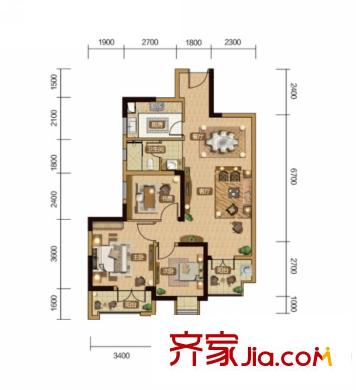 百步亭?金橋匯戶型圖住宅B2戶型 3室2廳1衛(wèi)1廚
