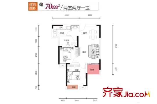 光谷悅城1、6號樓70平米戶型 2室2廳1衛(wèi)1廚