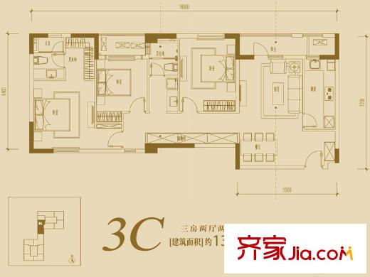 萬(wàn)科金域湖庭1單元3C戶型圖 3室2廳2衛(wèi)1廚
