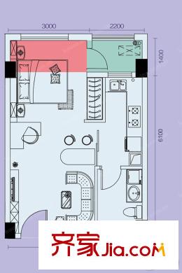 愛特@城1號(hào)樓A2戶型 1室1廳1衛(wèi)1廚