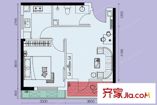愛特@城1號(hào)樓A6戶型 1室1廳1衛(wèi)1廚