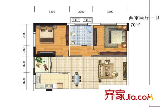 天下龍嶺廣場(chǎng)3號(hào)樓C2戶型 2室2廳1衛(wèi)1廚