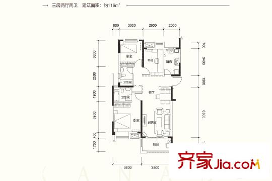 華潤(rùn)翡翠城B1戶型 3室2廳2衛(wèi)1廚