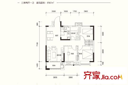 華潤(rùn)翡翠城D2戶型 3室2廳1衛(wèi)1廚
