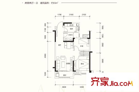 華潤翡翠城E2戶型 2室2廳1衛(wèi)1廚