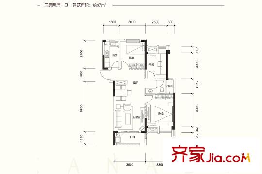 華潤翡翠城D6戶型 3室2廳1衛(wèi)1廚