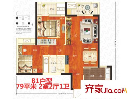 萬科漢口傳奇1、6、8號樓B1戶型 2室2廳1衛(wèi)1廚