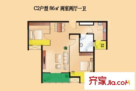 翰林雅居二期璽園7、10號樓C2戶型 2室2廳1衛(wèi)1廚