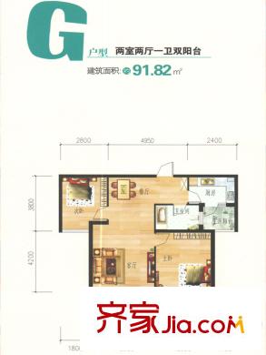 桃花源二期1、3、4、7、9號樓G戶型 2室2廳1衛(wèi)1廚