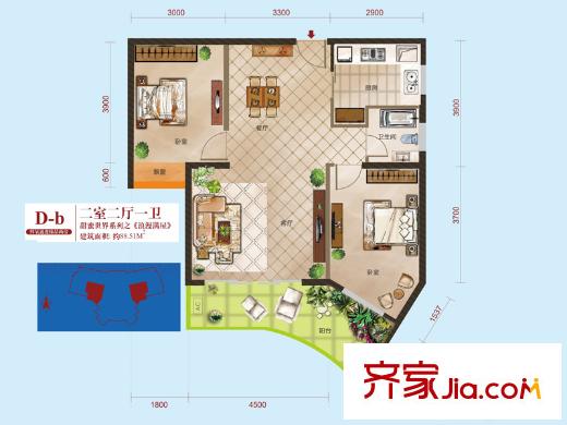 怡景江南D-3、D-4號樓D-b戶型 2室2廳1衛(wèi)1廚
