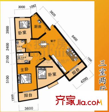 齊錦花園戶型圖6#-1 3室2廳2衛(wèi)1廚