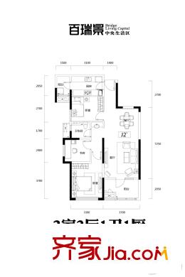 百瑞景中央生活區(qū)五期10號(hào)樓J2'戶型 3室2廳1衛(wèi)1廚