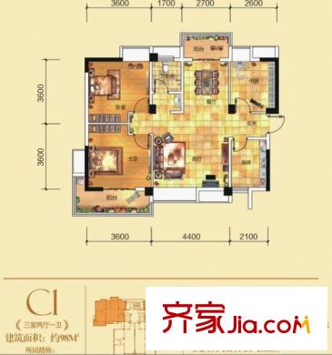 百步亭現(xiàn)代城三區(qū)戶型圖C1戶型圖 3室2廳1衛(wèi)1廚