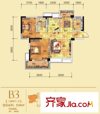 百步亭現(xiàn)代城三區(qū)戶型圖B3戶型圖 3室2廳1衛(wèi)1廚
