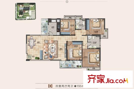 越秀國際金融匯1、2號樓D戶型 4室2廳2衛(wèi)1廚