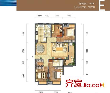 招商江灣國際1/2/3/7#E戶型148平 4室2廳2衛(wèi)1廚