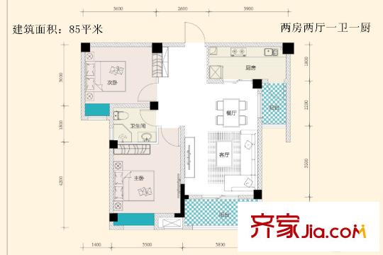 F、綠島1、2、3、5、7、9、12、15號樓A1戶型 2室2廳1衛(wèi)1廚