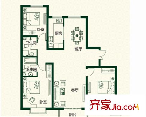 二橋街西社區(qū)戶(hù)型圖3室2廳 戶(hù)型圖 3室2廳2衛(wèi)1廚