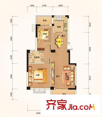 萊茵城戶型圖1號(hào)樓E1戶型 2室2廳1衛(wèi)1廚