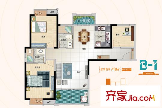 哈樓2號(hào)樓B-1戶型 3室2廳2衛(wèi)1廚
