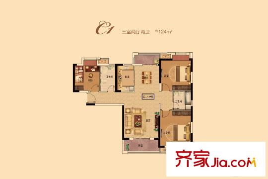 中建御景星城1號樓C1戶型 3室2廳2衛(wèi)1廚