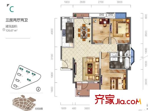 招商公園1872A1地塊4-7#C戶型 3室2廳2衛(wèi)1廚