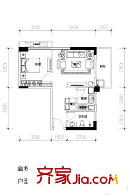 華天明珠紫陽府1號樓A戶型 1室2廳1衛(wèi)1廚